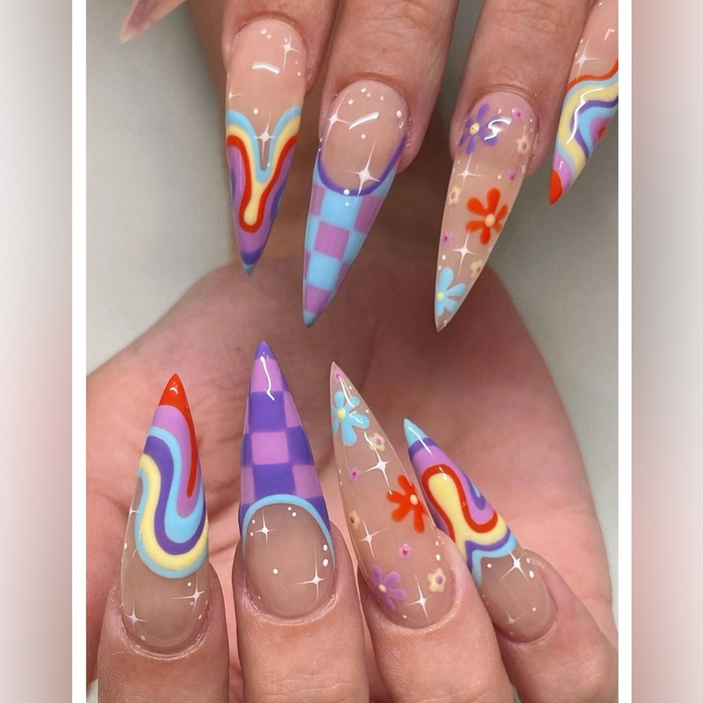 Cute Colorful Summer Press On Nails Stiletto Flower Check Nails Y2K Nails